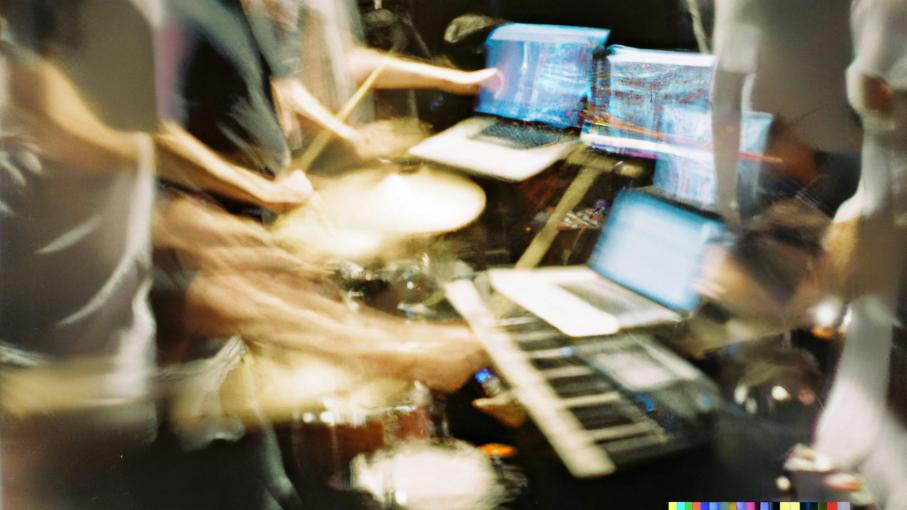 Image floue d'instruments et d'ordinateurs utilisés lors de création de musique