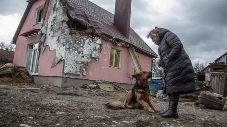 A woman stands near her shelling-damaged house in the village of Novoselivka, Chernihiv Oblast, Ukraine