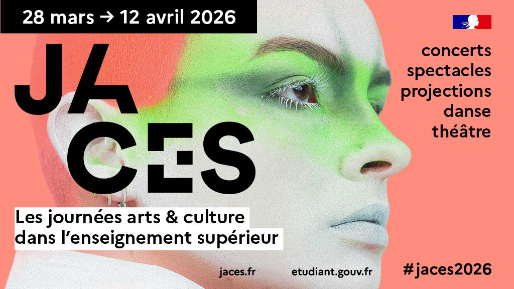 Visuel JACES avec le visage d'une personne maquiller de blanc et verre sur le visage et les cheveux orange. On aperçoit l'inscription JACES 