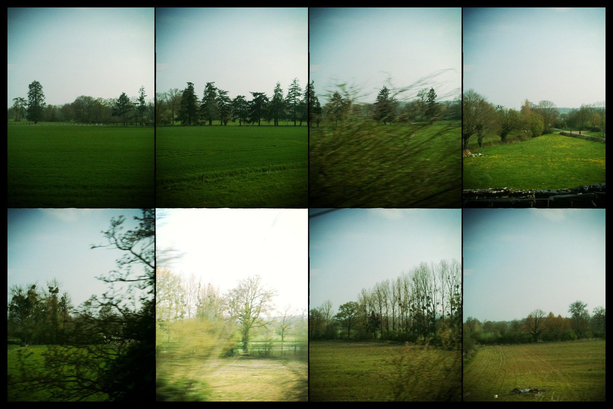 Une série de huit photographies montre des paysages ruraux avec des arbres et des champs, pris depuis un train faisant le trajet Paris-Rennes