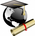 Globe terrestre, diplôme et toque
