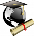 Globe terrestre, diplôme et toque