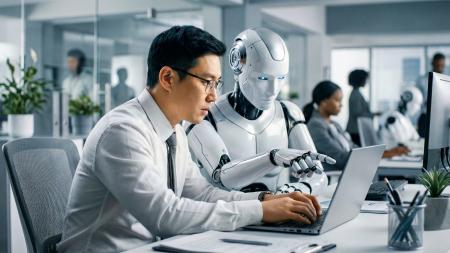 Homme travailliant sur son ordinateur aux côtés d'un robot pointant son écran