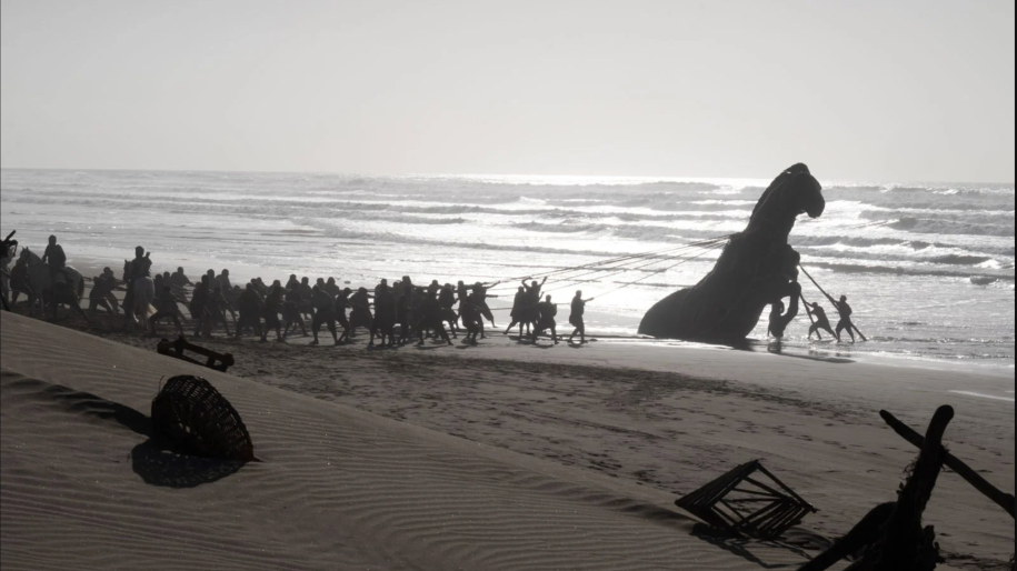 Image des troyens découvrant un cheval en bois sur la plage.