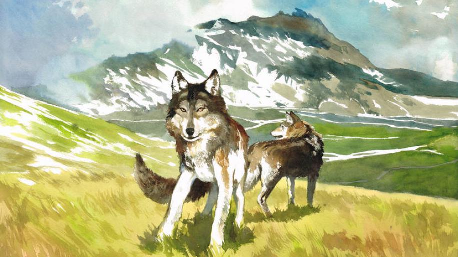 peinture représentant des loups dans un paysage montagneux