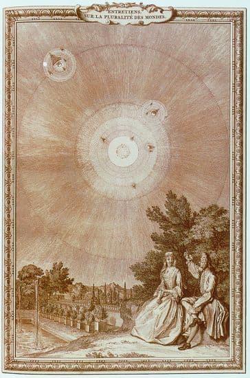 La Marquise et le Philosophe, frontispice des Entretiens sur la pluralité des mondes. Par Bernard le Bouvier de Fontenelle