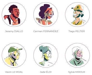 Portrait dessinés de Jeremy Diallo, Carmen Fernandez, Tiago Peltier, Kevin Le Moal, Jade Éloi et Sylvie Miroux