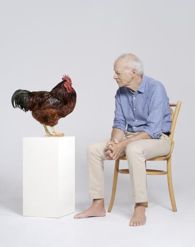 Photo d'une poule posant au côté de Peter Singer