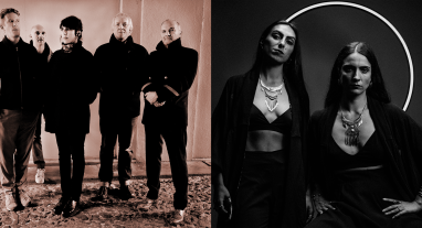 Photo de Trunks, les cinqs membres du groupe posent en ligne. Sur la deuxième photo, on voit les deux membres du groupe Exotica Lunatica, les deux femmes posent, derrière elles ont apperçoit un cercle blanc, la photo est en noir et blanc