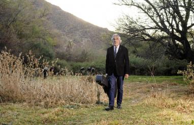 Photo de Willy Claure, marchant vers le photographe, dans un champ de verdure avec des vaches en arrière-plan