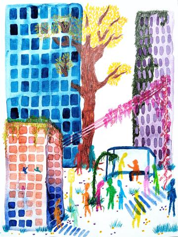 Visuel exposition VA CRÉER ! représentant des immeubles, avec un arbre au centre, de la verdure et des habitants 