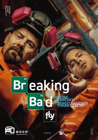 Affiche Breaking bad, on y voit Walter White, à gauche et Jesse Pinkman en combinaisons de protection orange avec des masques respiratoires sur la tête. Le titre Breaking bad est ecrit en gros au centre de l'image, avec les lettres "br" et "ba" mises en valeur dans les carrés verts, comme sur le tableau périodique des élèments chimiques.