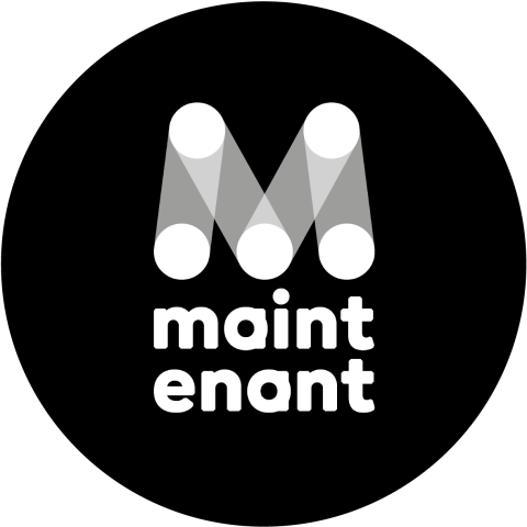 logo programmation festival maintenant de l'association ElectroniK, un rond noir avec un M en majuscule, puis "maint" suivi à la ligne de "enant" ce qui donne "maintenant" aligné sur le cercle noir.