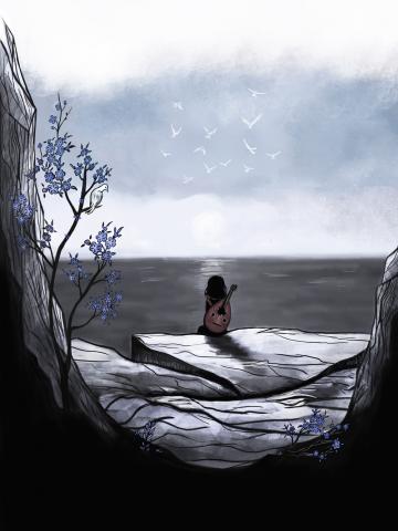 Dessin d'une petite fille de dos regardant la mer