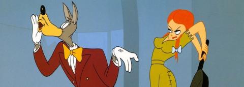 Photo issu du dessin animé Tex Avery avec un loup à fauche qui siffle et de l'autre côté une femme avec une poële s'apprêtant à le frapper