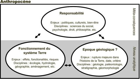 Responsabilité : Enjeux politiques, culturels, bien-être ; Disciplines sciences du social, psychologie, droit, philosophie, etc. Fonctionnement du système Terre : Enjeux effets, fonctionnalités, risques ; disciplines écologie, hydrologie, géographie, aménagement, etc. Epoque géologique ? : Enjeux rupture majeure dans l'histoire de la Terre, date, critère ; disciplines géologie, paléontologie, stratigraphie, géomorphologie.