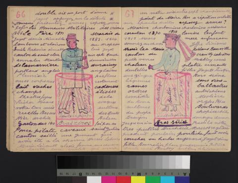 Cahier couvert d'écriture manuscrite et de dessins aux crayons de couleur représentant des personnages