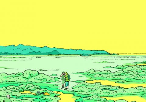 image issue de la couverture de la bd Algues vertes représentant la découverte d'un corps enfoui dans les algues sur une plage bretonne