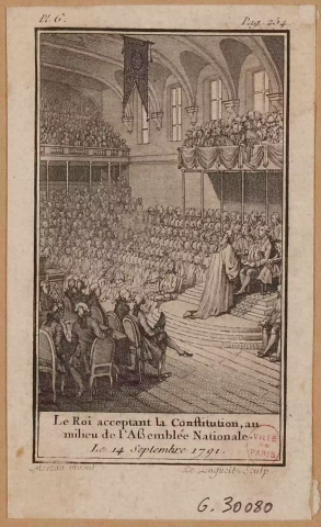 Le Roi acceptant la Constitution, au milieu de l'Assemblée Nationale le 14 Septembre 1791. Palais des Tuileries. Salle de Théâtre. BNF/RMN
