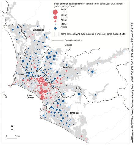 Soldes entre les entrées et sorties de Zone d’Analyse des Transports à Lima le matin pour se rendre sur son lieu de travail.